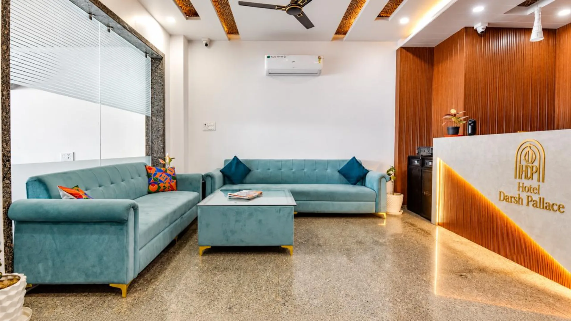 Lobby lounge with teal sofas
