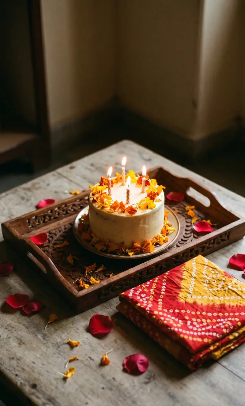 Birthday cake with lit candles and marigold flowers