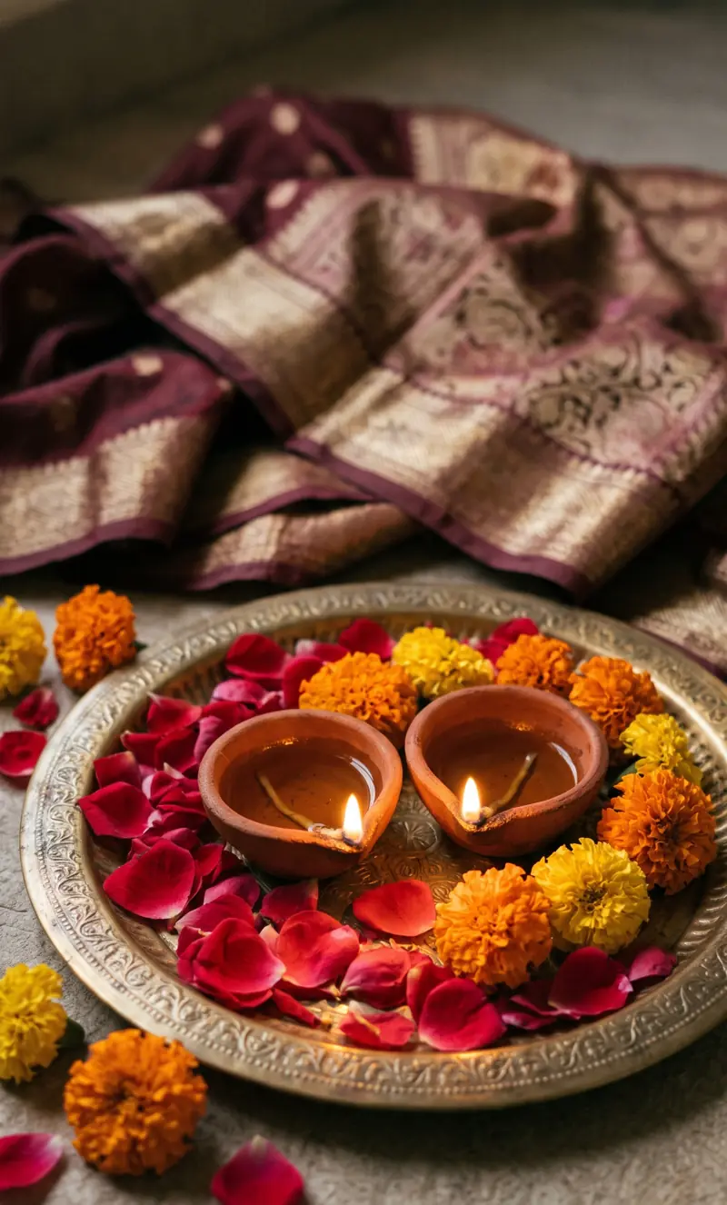 Two clay diyas surrounded by rose petals for an anniversary