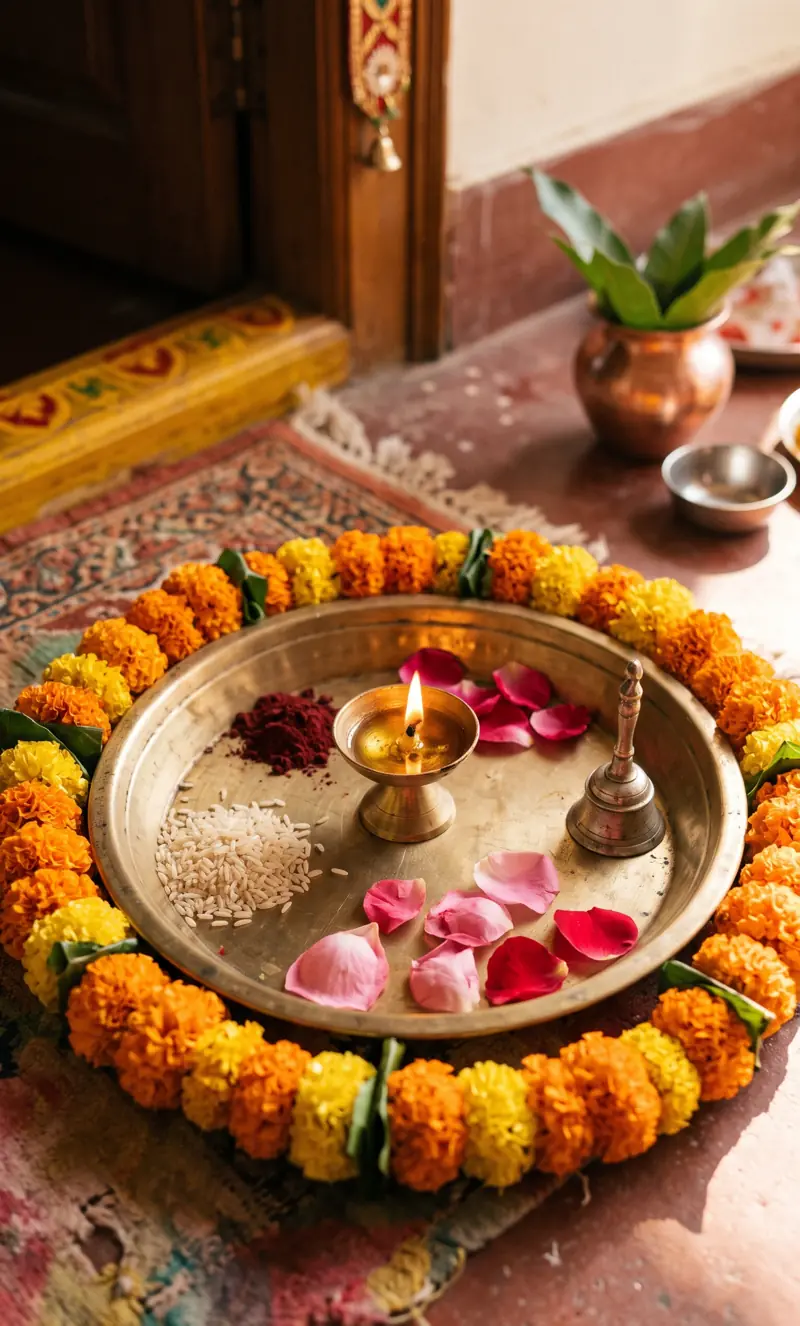 Brass thali with a diya, rice and kumkum for a naming ceremony