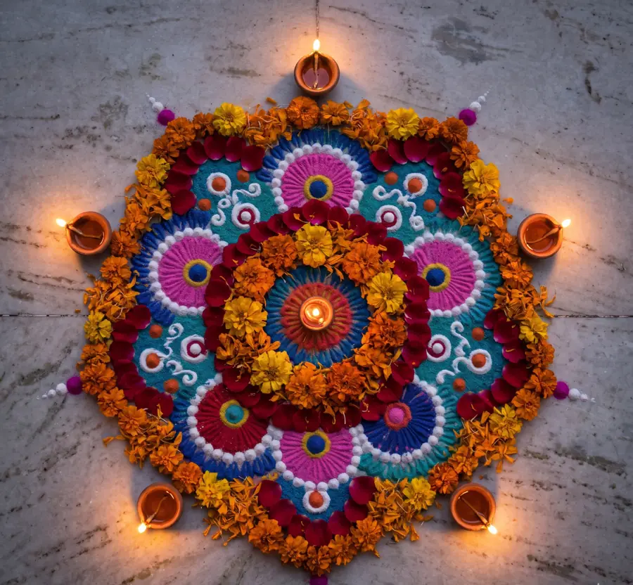 Flower rangoli decorated with clay diyas