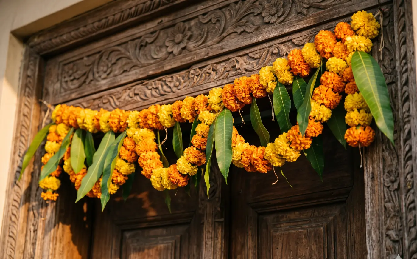 Marigold toran hanging over a carved doorway
